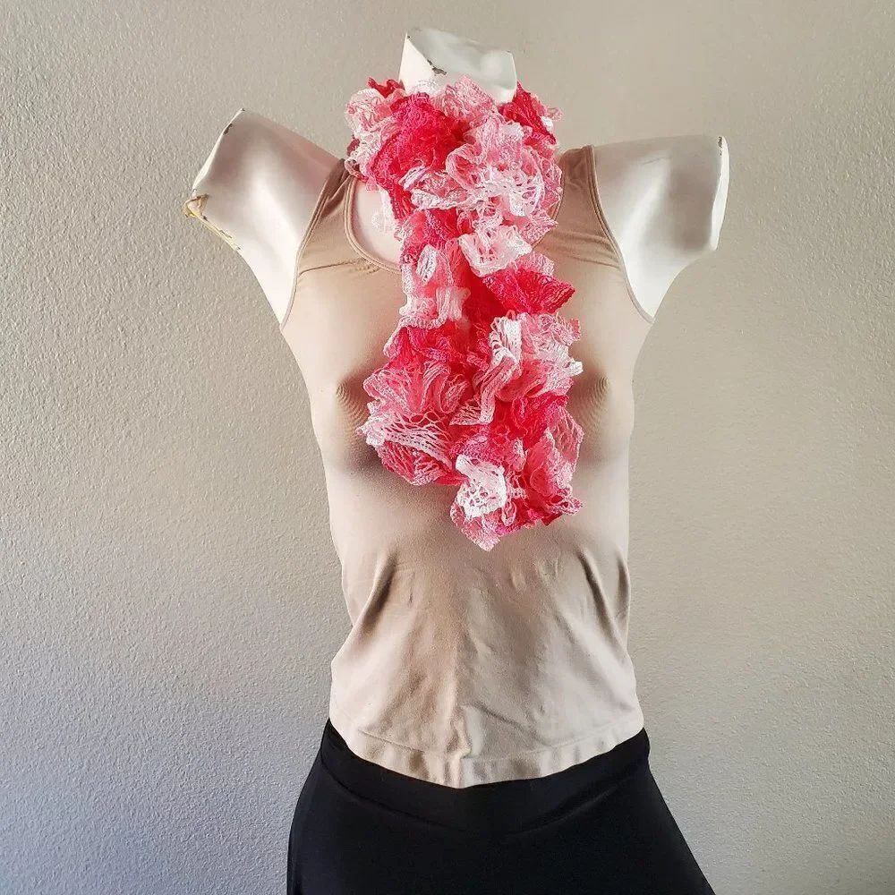 BOGO Scarf Sale - Hand Crafted crochet white and pink ruffle scarf